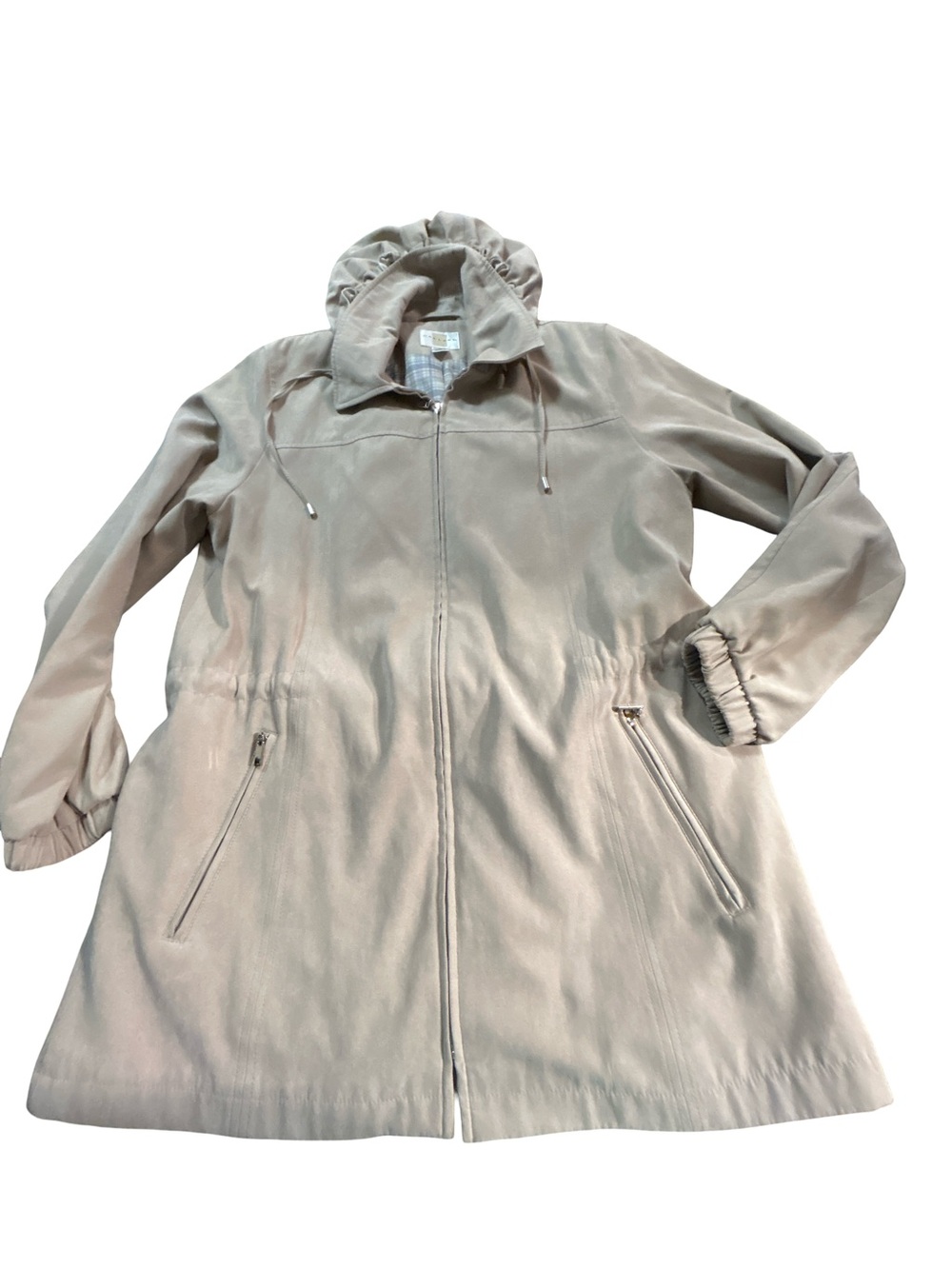 Gallery Tan Full-Zip Hooded Anorak Jacket Size M Plaid Lined Cinch Waist Granola